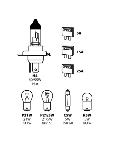Kit lampadine di ricambio 12V H4 P21W P21 5W C5W R5W fusibili