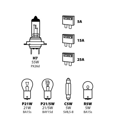 Kit lampadine di ricambio 12V H7 P21W P21 5W C5W R5W fusibili