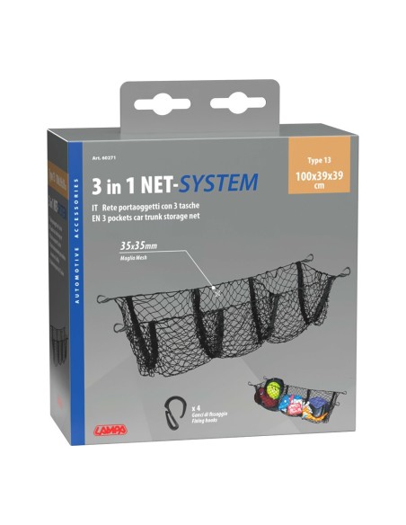 Rete portaoggetti per bagagliaio con 3 tasche 100x39cm