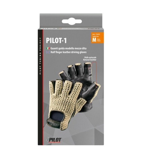 Guanti guida auto mezze dita in pelle e cotone lavorato Colore NERO TG 