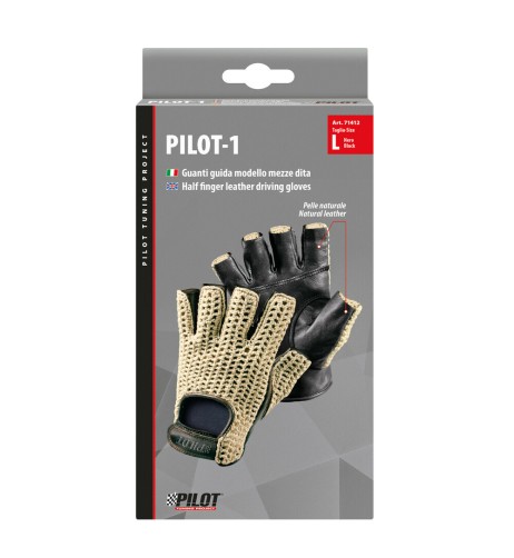 Guanti guida auto mezze dita in pelle e cotone lavorato Colore NERO TG