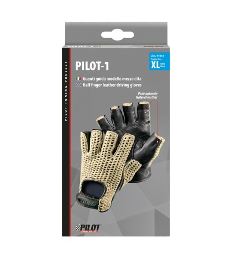 Guanti guida auto mezze dita in pelle e cotone lavorato Colore NERO TG 