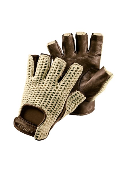 Guanti guida auto mezze dita in pelle e cotone lavorato Colore MARRONE 