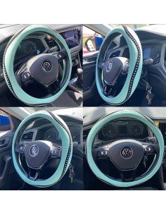 Coprivolante universale auto 37 39cm ecopelle azzurro con strass 2