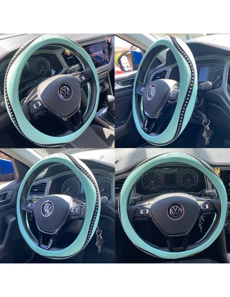 Coprivolante universale auto 37 39cm ecopelle azzurro con strass