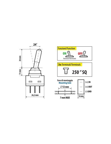 Interruttore a leva auto a 3 contatti spia a led ROSSA 12V 20A