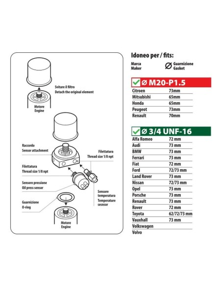 Kit raccordo filtri olio per innesto 3 sensori
