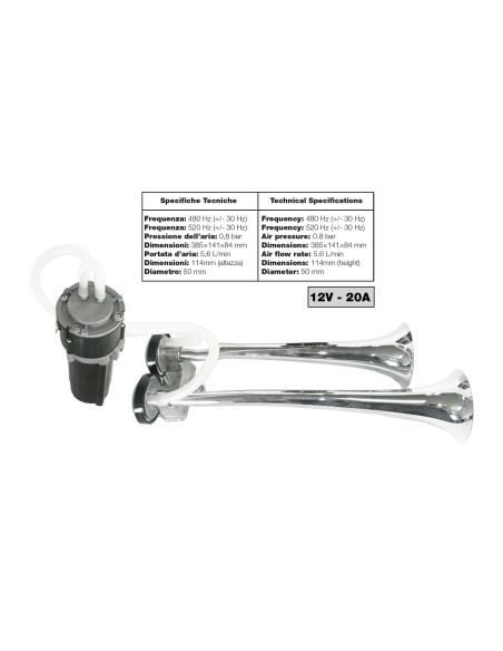 Trombe bitonali in alluminio 12V 20A con compressore 118db