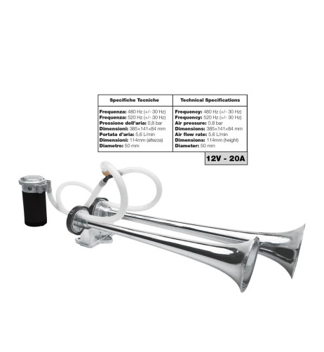 Trombe mono tono in alluminio 12V 20A con compressore 118db