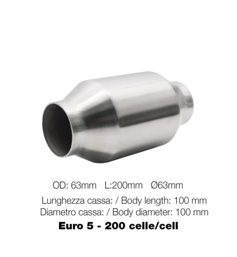 Catalizzatore 200 celle metallico Euro 5 200mm in out 63mm inox Simoni Raci