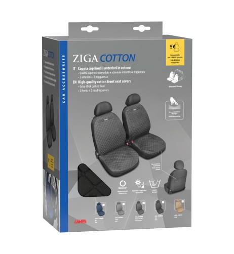 Coppia coprisedili fodere auto anteriori Ziga in cotone trapuntato nero