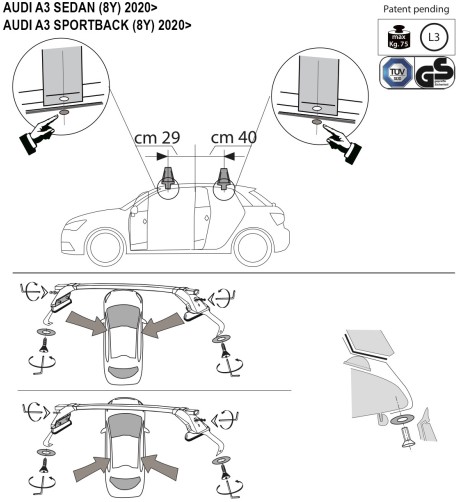 Kit barre portatutto LP47 per Audi A3 Berlina Sportback dal 2020