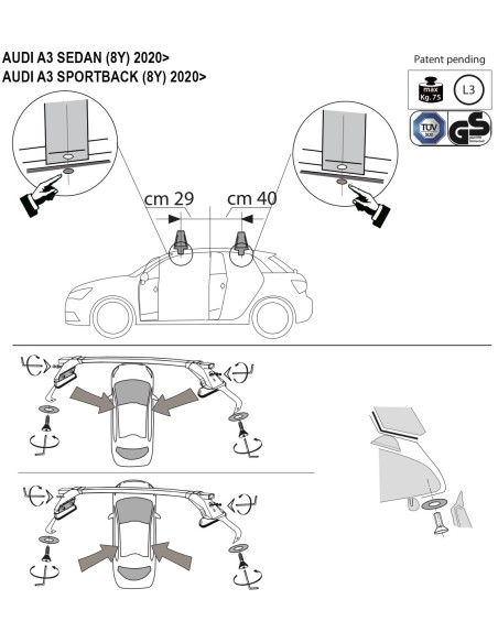Kit barre portatutto LP47 per Audi A3 Berlina Sportback dal 2020